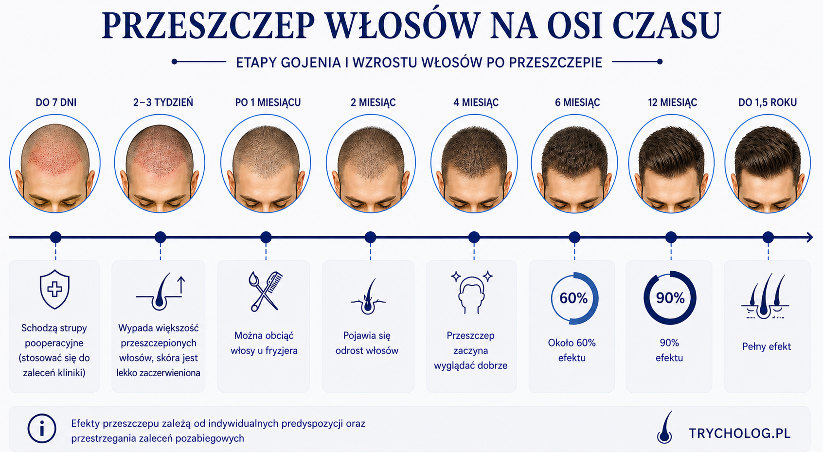 Przeszczep włosów na osi czasu - etapy gojenia i wzrostu włosów po przeszczepie
